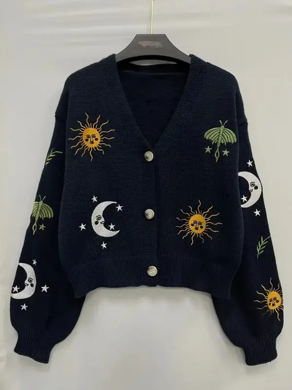 Sun & Moon Pattern Crop Knitted Cardigan For Women