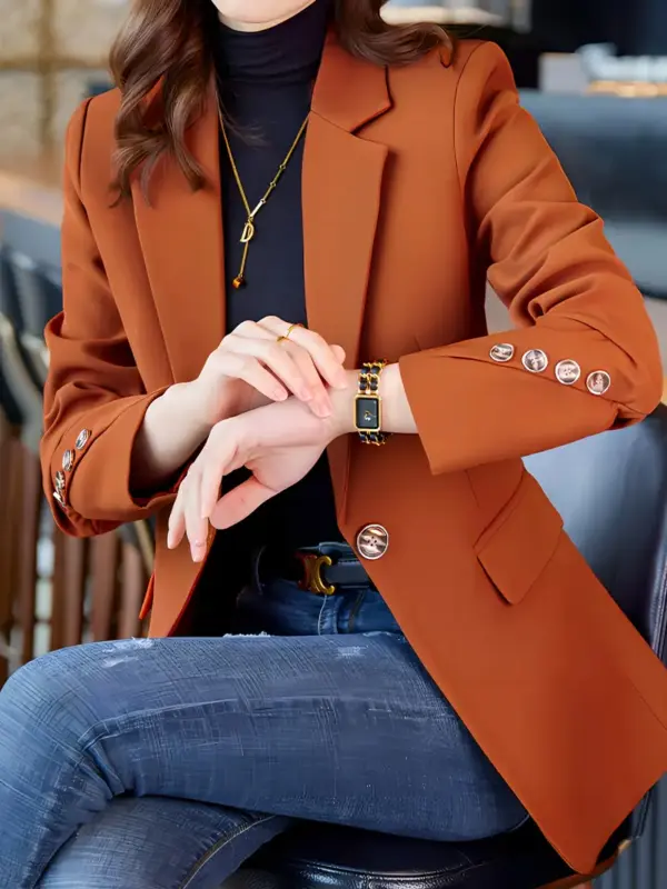 Elegant Orange Blazer with Golden Buttons For Women - Image 3