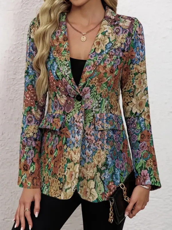 Elegant Vintage Floral Long Sleeve Blazer - Image 2