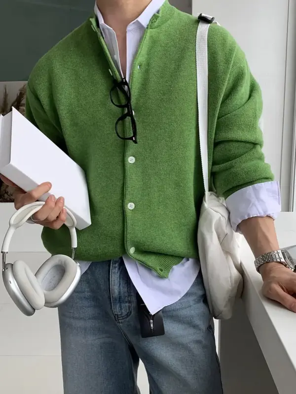 Men's Casual Knit Cardigan Sweater in Green Color - Image 8