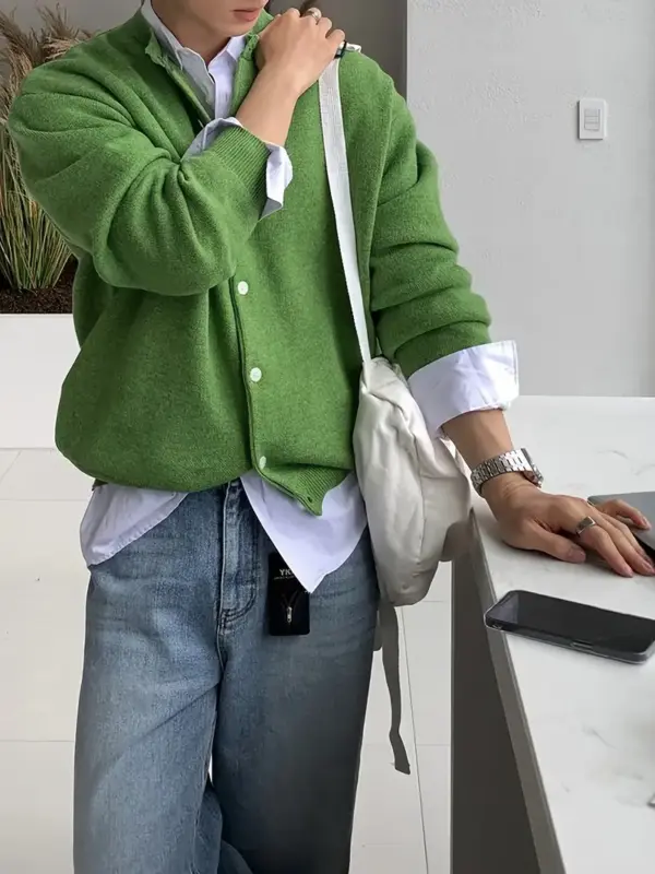 Men's Casual Knit Cardigan Sweater in Green Color - Image 5