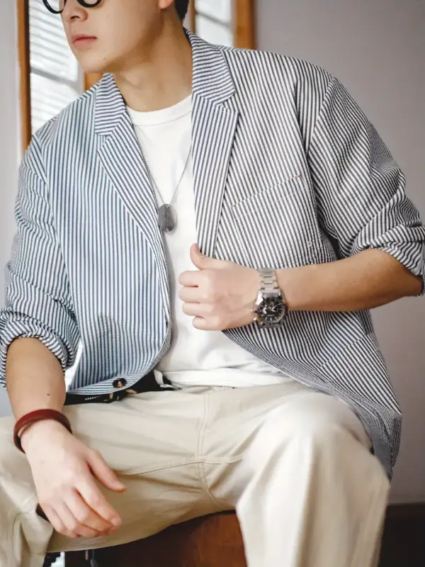 New Casual Striped Bubble Gauze Suit Blazer For Men - Image 7