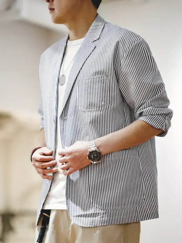 New Casual Striped Bubble Gauze Suit Blazer For Men - Image 6
