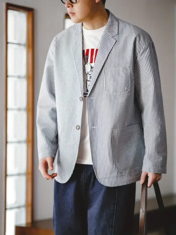 New Casual Striped Bubble Gauze Suit Blazer For Men - Image 5
