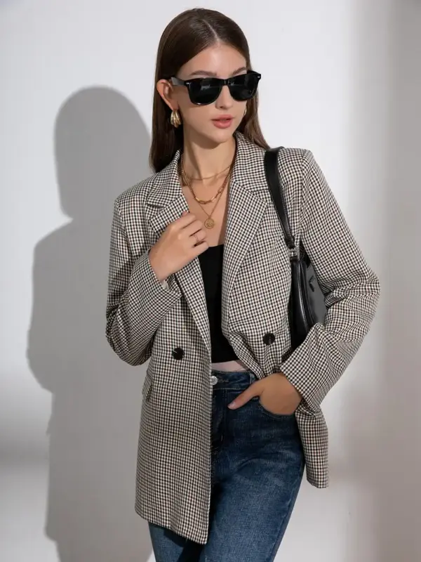 Plaid Pattern Double Breasted Lapel Blazer For Women - Image 3