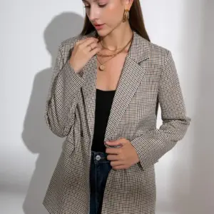 Plaid Pattern Double Breasted Lapel Blazer For Women