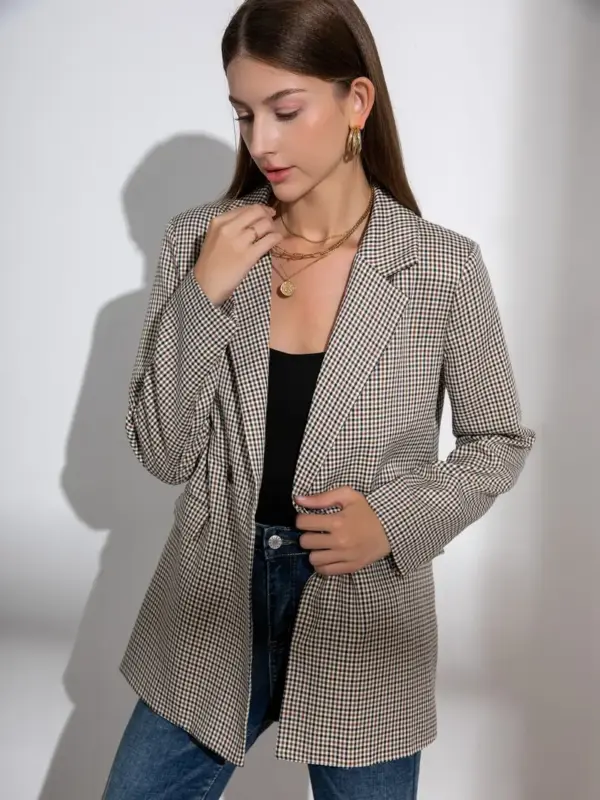 Plaid Pattern Double Breasted Lapel Blazer For Women