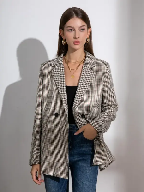 Plaid Pattern Double Breasted Lapel Blazer For Women - Image 4
