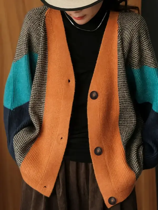 Unisex Color Block Drop Shoulder Knitted Cardigan