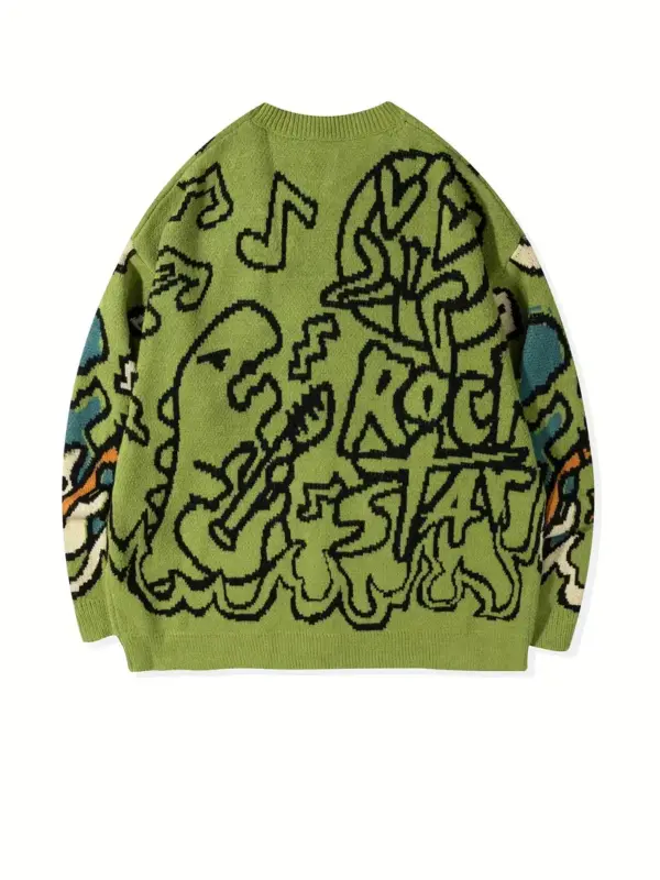 Unisex Loose Casual Retro Style Letter Cartoon Button-Up Cardigan Sweater - Image 5