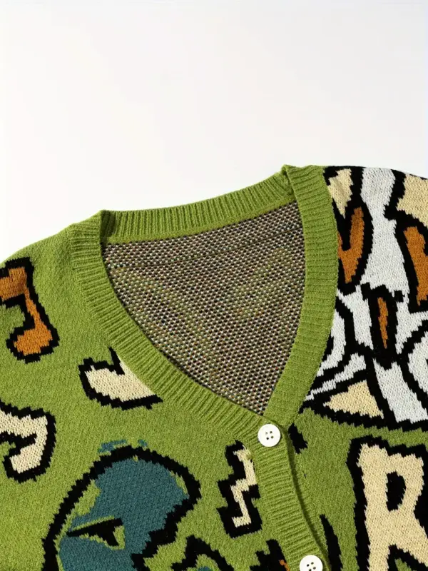 Unisex Loose Casual Retro Style Letter Cartoon Button-Up Cardigan Sweater - Image 3