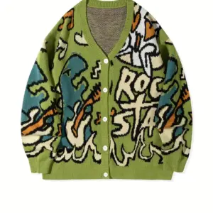 Unisex Loose Casual Retro Style Letter Cartoon Button-Up Cardigan Sweater