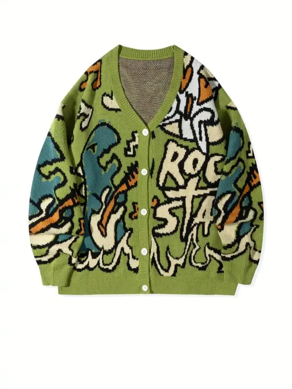 Unisex Loose Casual Retro Style Letter Cartoon Button-Up Cardigan Sweater