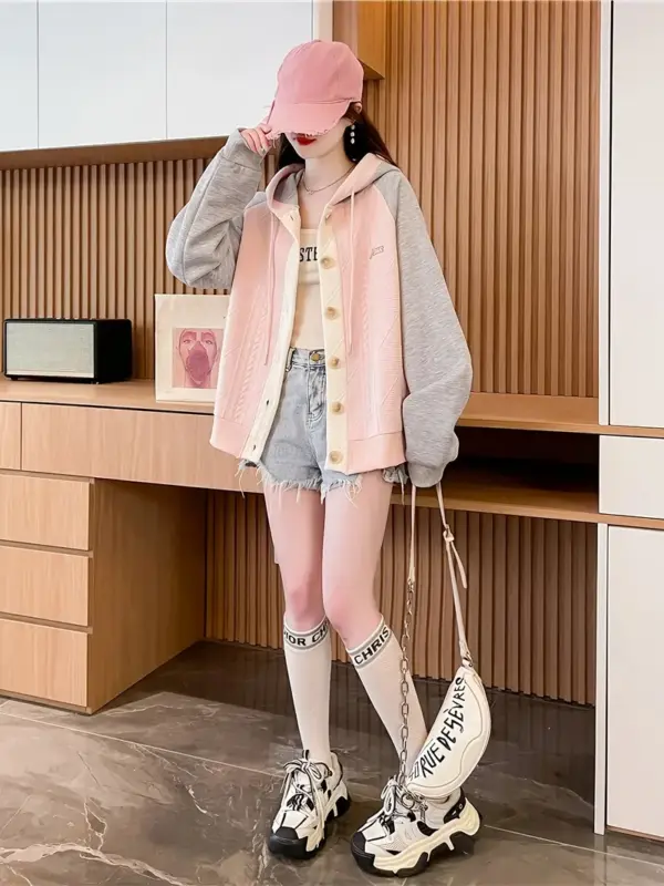 Women's 3 Color Block Design with Lettering Casual Hoodie - Image 4
