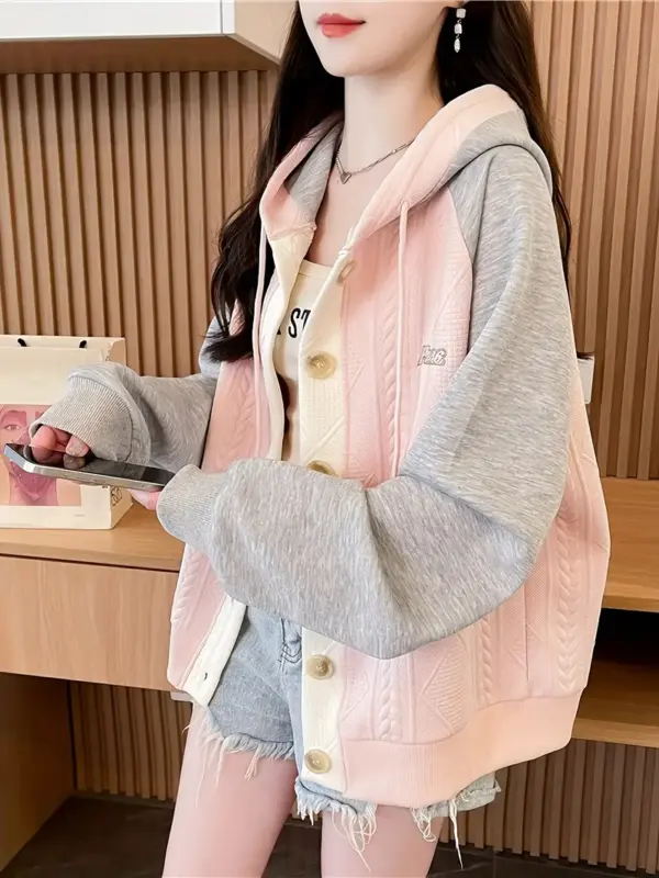 Women's 3 Color Block Design with Lettering Casual Hoodie - Image 3