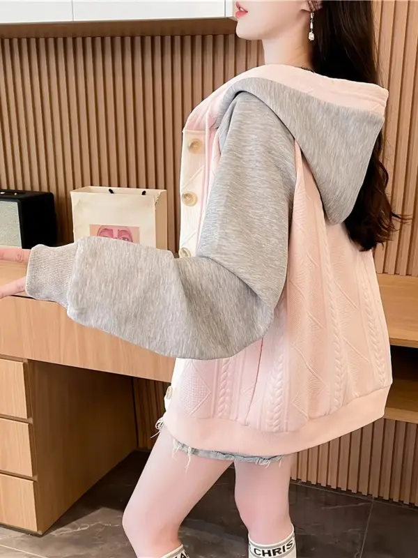 Women's 3 Color Block Design with Lettering Casual Hoodie - Image 2