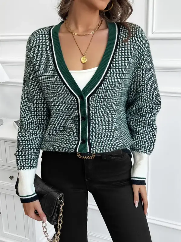 Women's Color Block Plaid V Neck Cardigan - Image 6