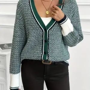 Women's Color Block Plaid V Neck Cardigan