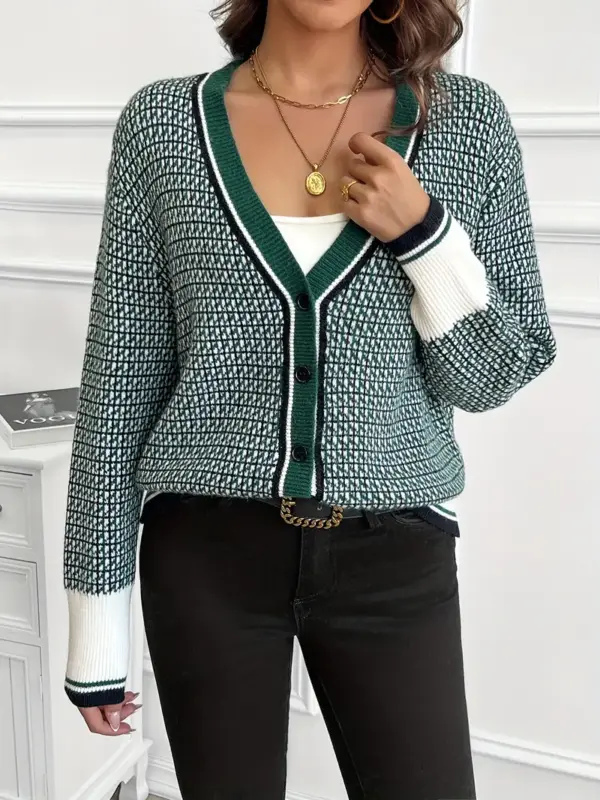 Women's Color Block Plaid V Neck Cardigan