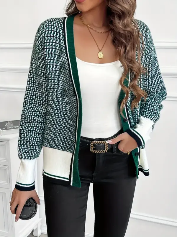 Women's Color Block Plaid V Neck Cardigan - Image 5