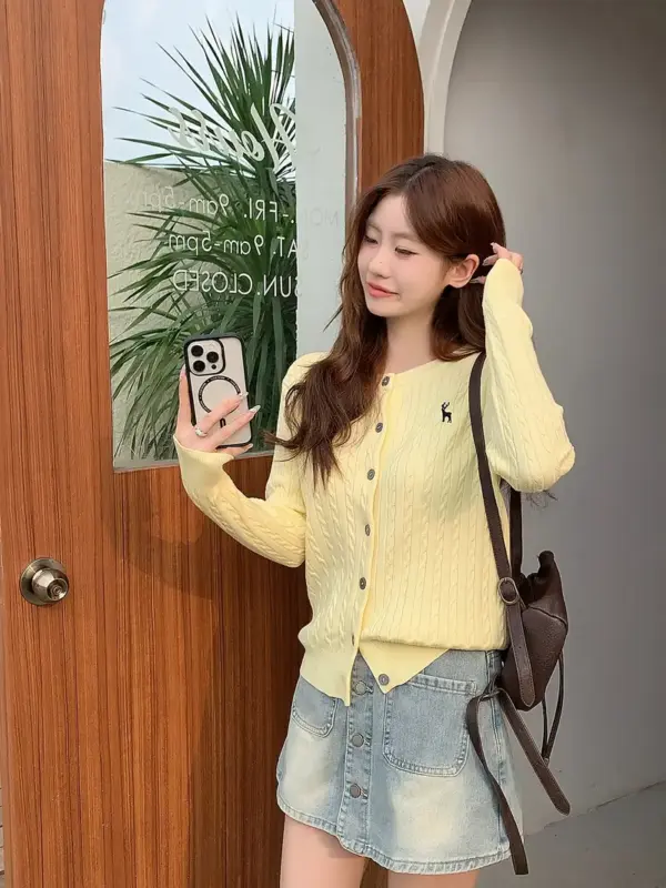 Women's Petite Korean-Japanese Style Slim Fit Cable Cardigan - Image 5