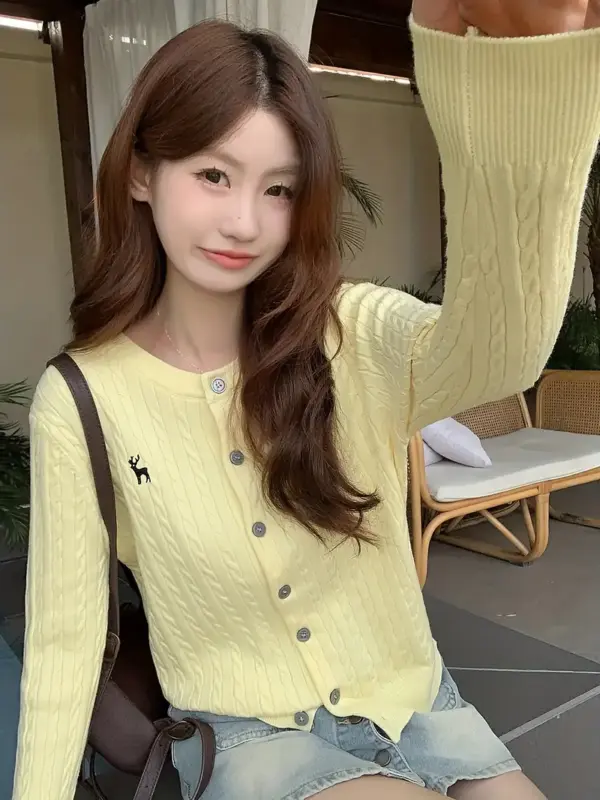 Women's Petite Korean-Japanese Style Slim Fit Cable Cardigan - Image 3