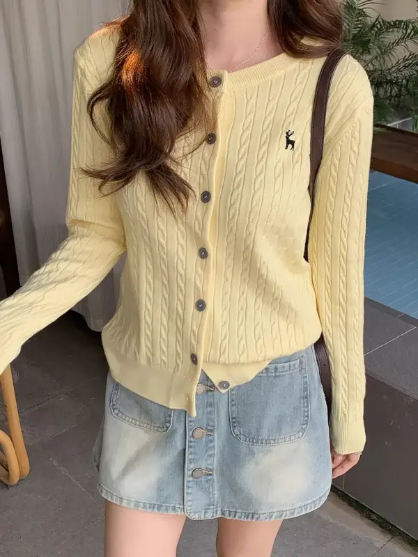Women's Petite Korean-Japanese Style Slim Fit Cable Cardigan